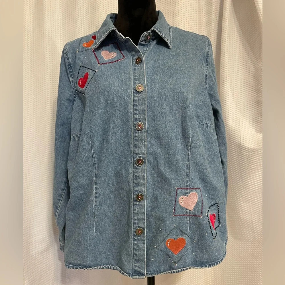 Christopher & Banks long sleeve button down denim shirt with hearts size X